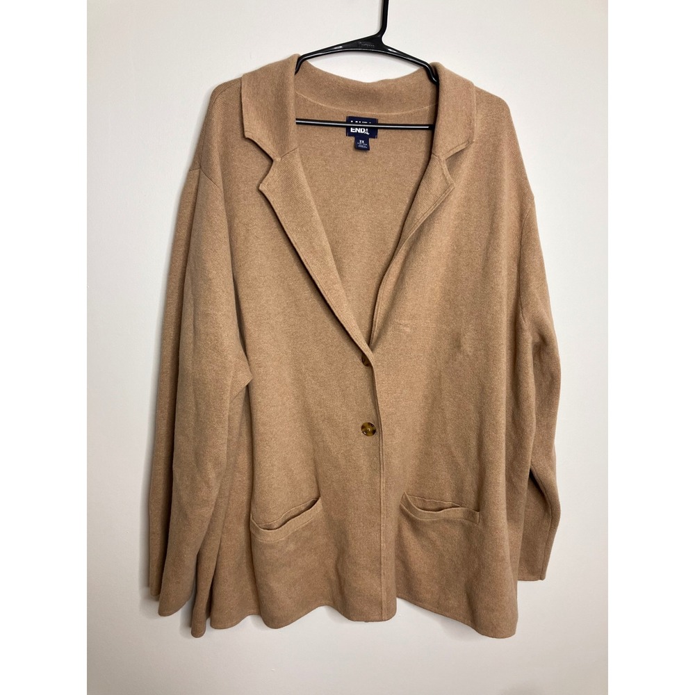 Lands End Cardigan Women 3X Tan Excellent Cotton Knit Blazer Button Front Pocket